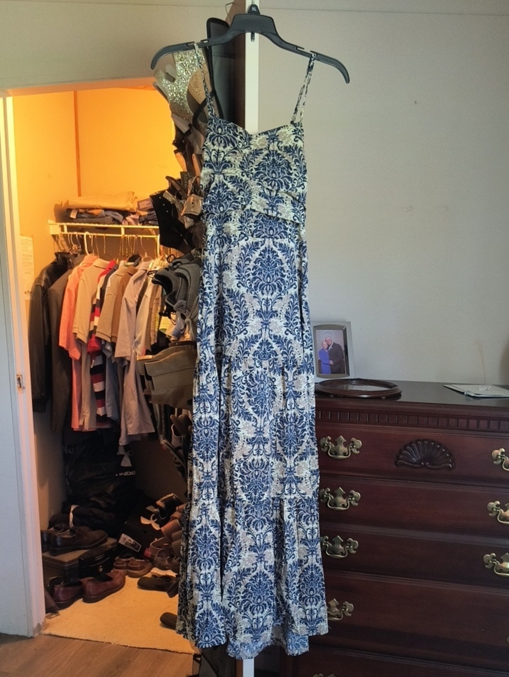 Blue and White Printed Maxi Dress with Spaghetti Straps